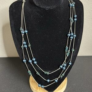 RMN Multi Strand Blue Shimmer Shine Faux Pearl Silver Necklace​​